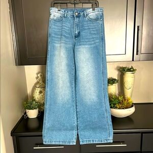 Blue Flare Wide Leg Jeans with High-Rise Waist